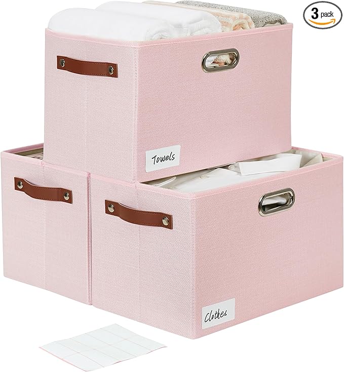 Large 3-Pack Foldable Fabric Storage Bins with Durable PU & Metal Handles, Collapsible Storage Baskets for Shelves, Home Storage, Closet Organizers, Living Room(14.9"x9.8"x9.8", Pink)-Ruum Studio Home