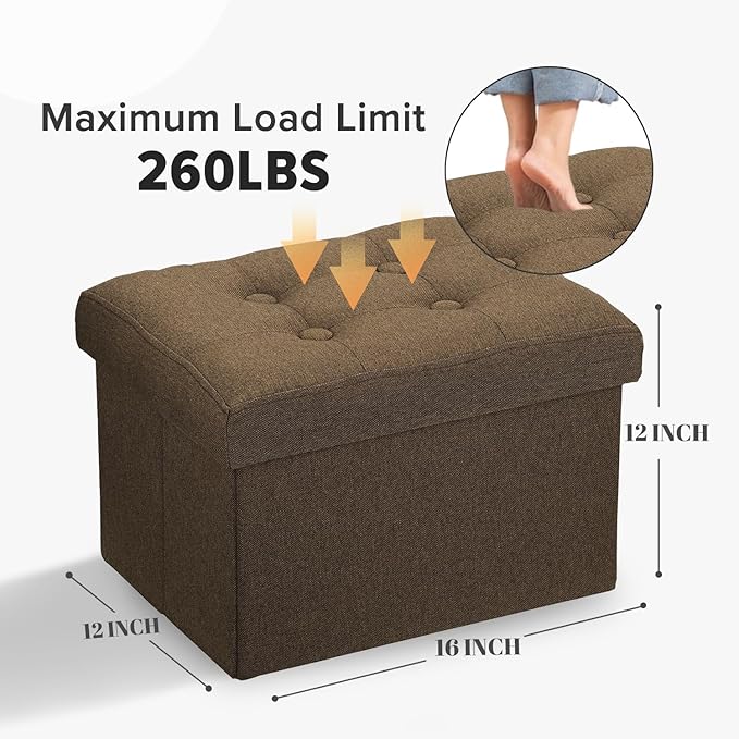 LINMAGCO Ottoman Storage Ottoman with Storage Small Foot Rest Stool Under Desk Stool Short Folding Footrest Linen Cloth Brown 16X12X12IN-Ruum Studio Home