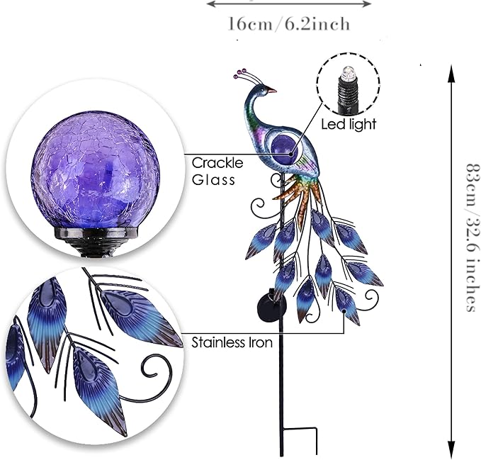 TERESA'S COLLECTIONS Solar Garden Lights Outdoor Garden Decor, Metal Peacock Decorations for Yard, 33'' Purple Decorative Garden Stake for Outside with Crackle Glass Ball, Lawn Party Gifts for Mom-Ruum Studio Home