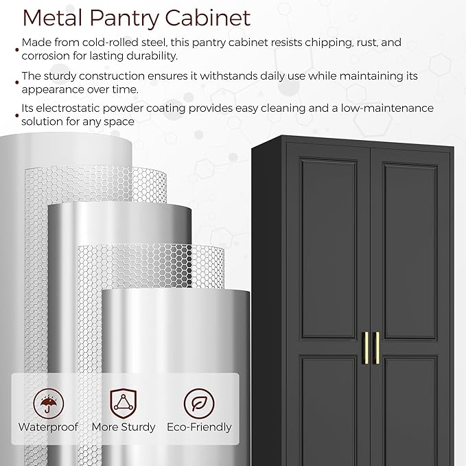 75" Kitchen Pantry Cabinet with Drawer, Metal Storage Cabinets with Doors and Adjustable Shelves, Black Tall Pantry Cabinet for Dinning Living Room, Home Office-Ruum Studio Home