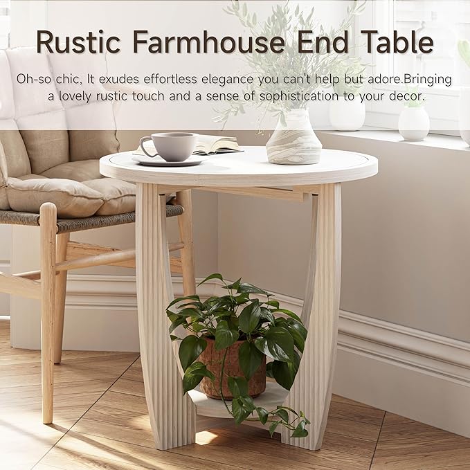 Rustic Farmhouse end Table with Storage Shelf, French Country Accent Side Table for Family, Dinning or Living Room, Small Spaces, Modern, Round, White-Ruum Studio Home