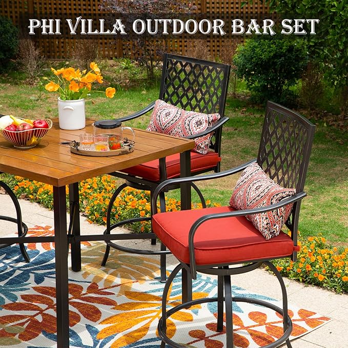 PHI VILLA 36"X36" Outdoor Metal Counter Height Table with 1.57" Umbrella Hole, Square Table with Teakwood-Brown Table Top and Black Table Legs for Outdoor and Indoor-Ruum Studio Home
