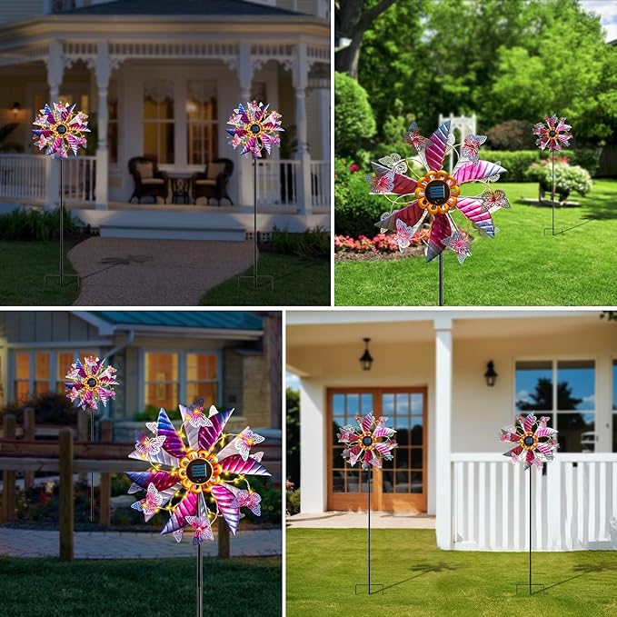 Solar Wind Spinner Outdoor, 360° Metal Large Butterflies Wind Sculpture with Outdoor Kinetic Windmills with Vine String LED Lights for Decor Garden Patio, Lawn & Yard-Ruum Studio Home