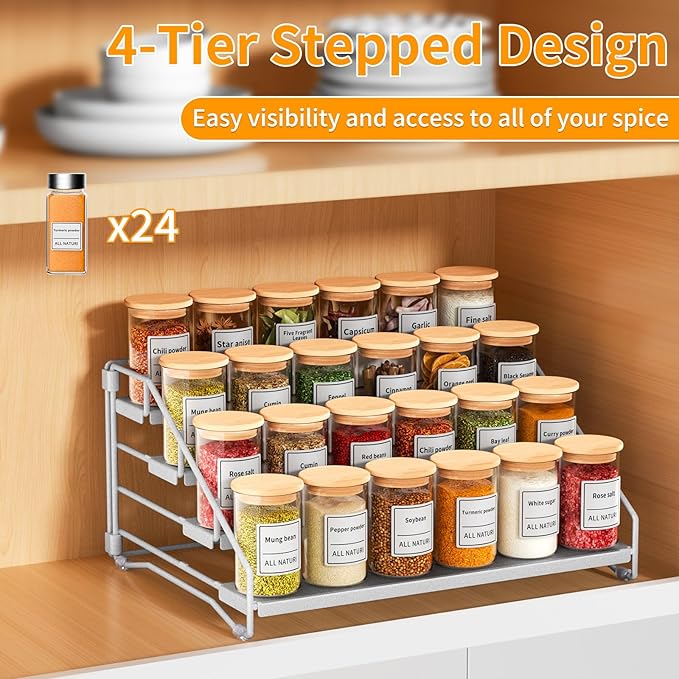 RCHYFEED 4 Tier Spice Rack Organizer, Spice Organization for Cabinet,Pantry, Countertop,Tiered Spice Rack Easy Visibility,Depth Expandable Seasoning Shelf for Kitchen Cabinet Organizer,Silver-Ruum Studio Home