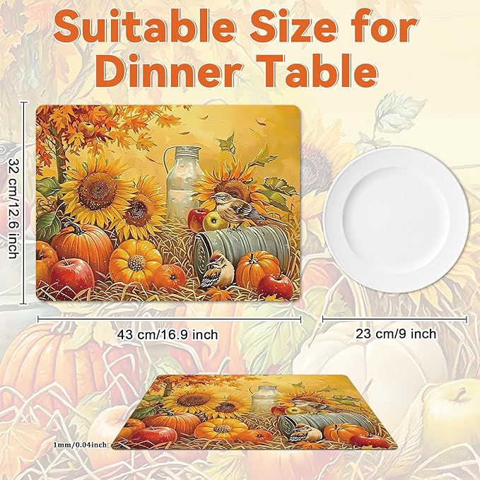 Fall Placemats Set of 6 Thanksgiving Pumpkin Plastic Table Mats Farmhouse Rustic Fall Autumn Place Mats Washable Vinyl Rustic Holiday Table Decoration for Indoor Outdoor Party Kitchen Dining-Ruum Studio Home
