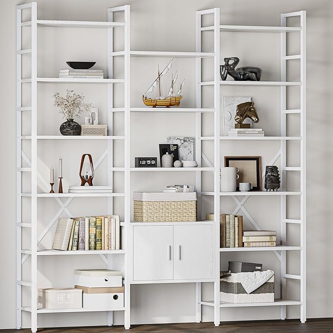 70x78 “ Triple 6 Tier Book Shelf, Industrial Large Bookcase with Storage Cabinet, Tall Bookshelf with 16 Open Display Shelves Metal Frame Furniture for Living Room Bedroom Home Office White-Ruum Studio Home