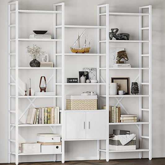 70x78 “ Triple 6 Tier Book Shelf, Industrial Large Bookcase with Storage Cabinet, Tall Bookshelf with 16 Open Display Shelves Metal Frame Furniture for Living Room Bedroom Home Office White-Ruum Studio Home