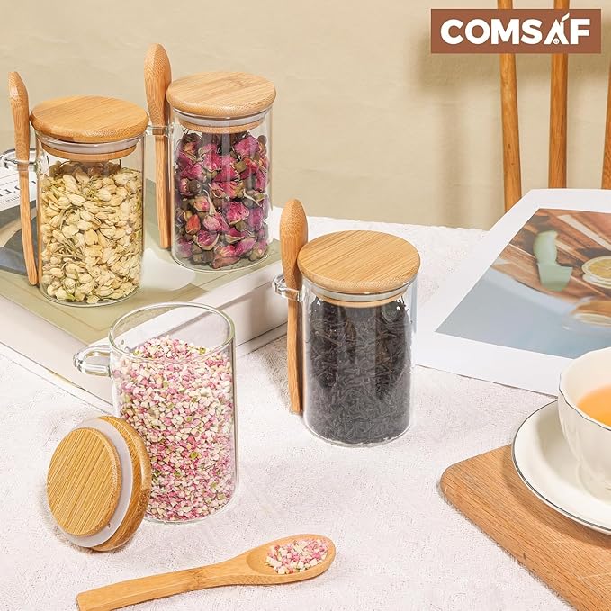 ComSaf Spice Jars with Spoon 8 oz 6Pack, Small Spice Containers Starter Set, Glass Seasoning Jars with Labels, Round Seasoning Containers for Salt, Pepper, Chili Powder, Sugar, Loose Tea Storage-Ruum Studio Home