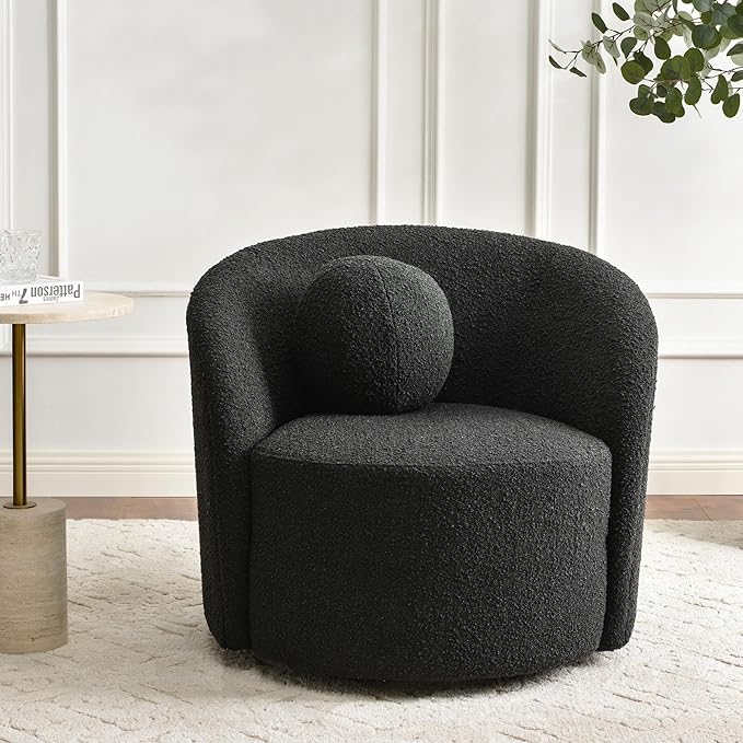 KINWELL Sherpa Swivel Barrel Chair & Round Ball Pillow Set - 34" Wide Modern Boucle Accent Chair with 9” Matching Nordic Decorative Throw Pillow for Living Room and Bedroom(Black)-Ruum Studio Home