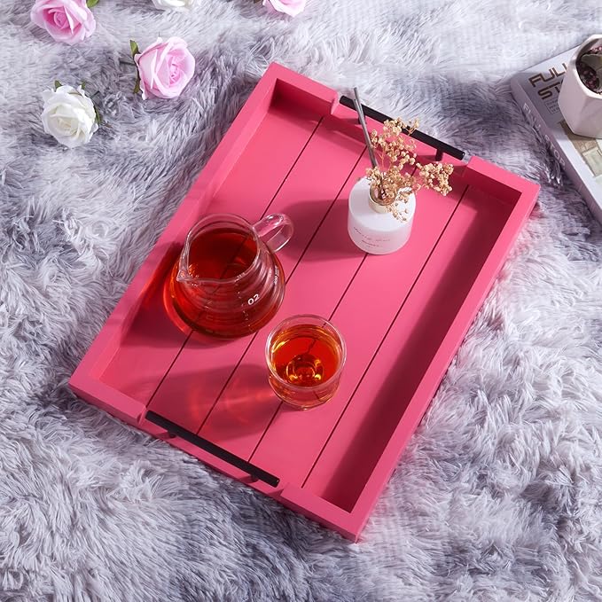 Ottoman Tray | Coffee Table Tray Decorative, Serving Tray with Handles - 17x13 Inch Wood Tray for Coffee Table Tray - with 4 Wooden Coasters -Tray for Ottoman, Breakfast-Ruum Studio Home