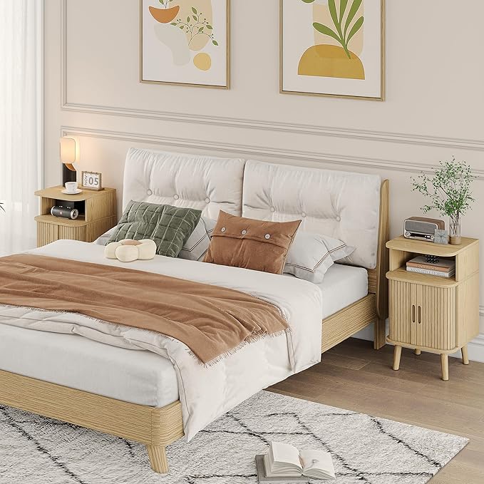 Alohappy Fluted End Table Set of 2, Mid Century Modern Nightstands with Sliding Tambour Door, Curved Round Edge Wood Bedside Table for Bedroom, Side Tables with Storage for Living Room, Natural Oak-Ruum Studio Home