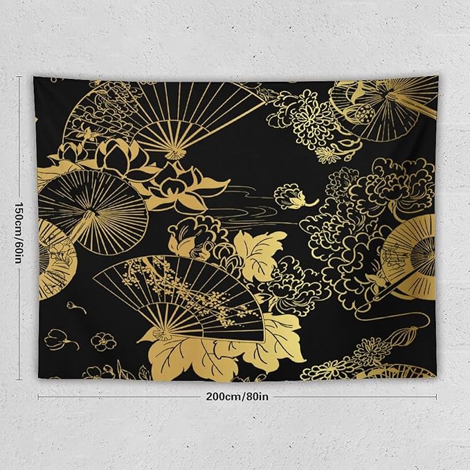 HZOHNAGO Japanese Tapestry Gold Flowers Umbrella Fan Pattern Printed Wall Tapestry Painting Wall Hanging for Bedroom Living Room Dorm 80" W x 60" H-Ruum Studio Home