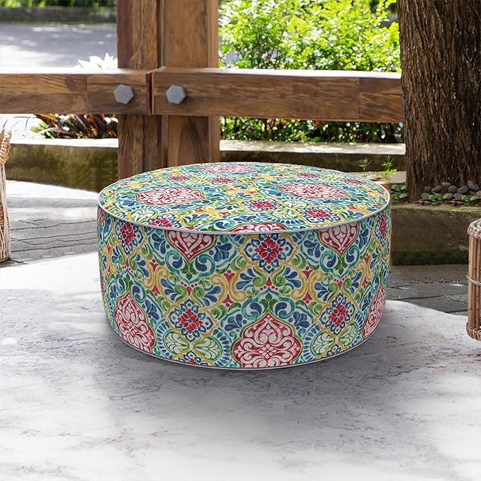 LVTXIII Indoor/Outdoor Inflatable Ottoman, D31 x H14 Inch Large Round Ottoman, All Weather Foot Rest Stool, Portable Footrest for Patio, Garden, Camping and Home - Damask Red-Ruum Studio Home
