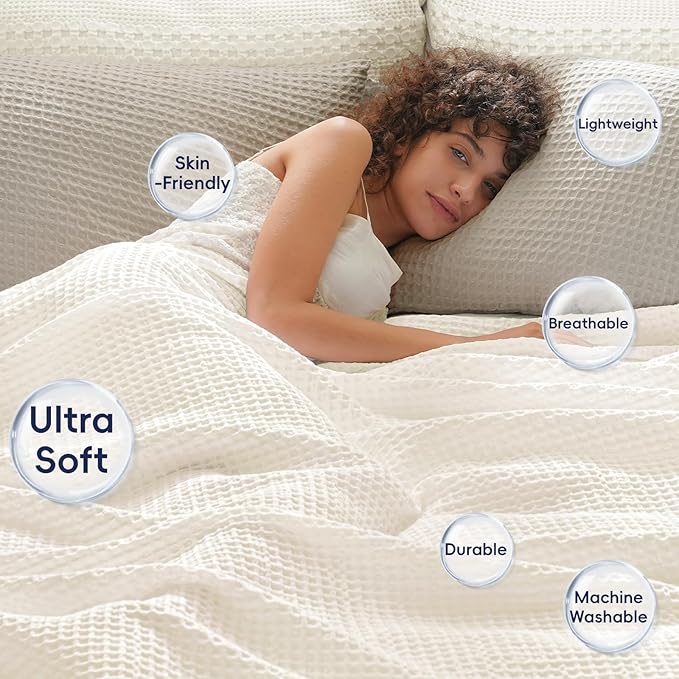 PHF Ultra Soft Waffle Weave Blanket King Size 104"x 90"- Washed Lightweight Breathable Cozy Woven Blanket for Bed - Aesthetic Decor for Couch Bedding Sofa Home Car - Coconut White-Ruum Studio Home