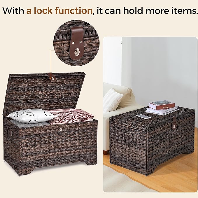 Handwoven Storage Basket with Lid, 165L Plastic Rattan Storage Bin, Leather Buckle & Metal Frame, Large Metal Ring Handles, Storage Trunk for Bedroom, Laundry Room-Ruum Studio Home
