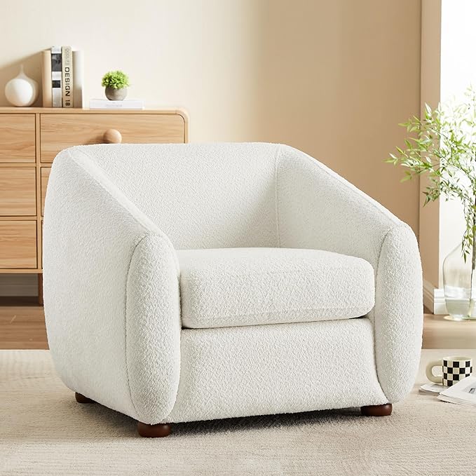 Modern Accent Chair for Living Room, Upholstered Armchair with Boucle Fabric, Single Sofa Chair with Solid Wood Legs, Boucle, White-Ruum Studio Home