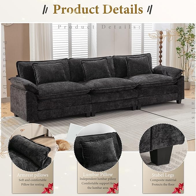 URRED Modular Sectional Sofa Comfy Cloud Couch, Modern Chenille Sofa Sleeper Deep Seat Couches with Ottoman/Pillows for Living Room (Black, 117'')-Ruum Studio Home