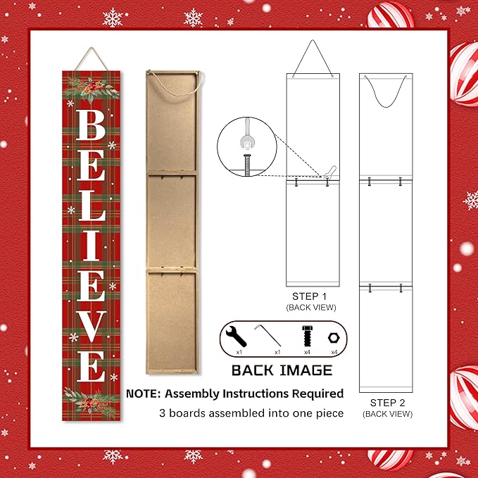 Winter Believe Porch Board Welcome Sign for Front Buffalo Plaid Door Porch Deck Patio or Wall - Indoor Outdoor Decorative Farmhouse Rustic Vertical Porch and Yard Decor - 47.2"H-Ruum Studio Home