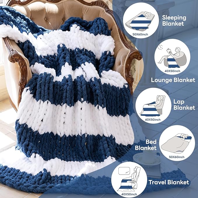Chunky Knit Blanket - Luxury Soft Cozy 50 * 60 Throw Blanket,100% Woven Blanket Rope Knot Throw Blanket for Couch, Sofa, Home Decor, Gift - Machine Washable（White/Deep Blue）-Ruum Studio Home