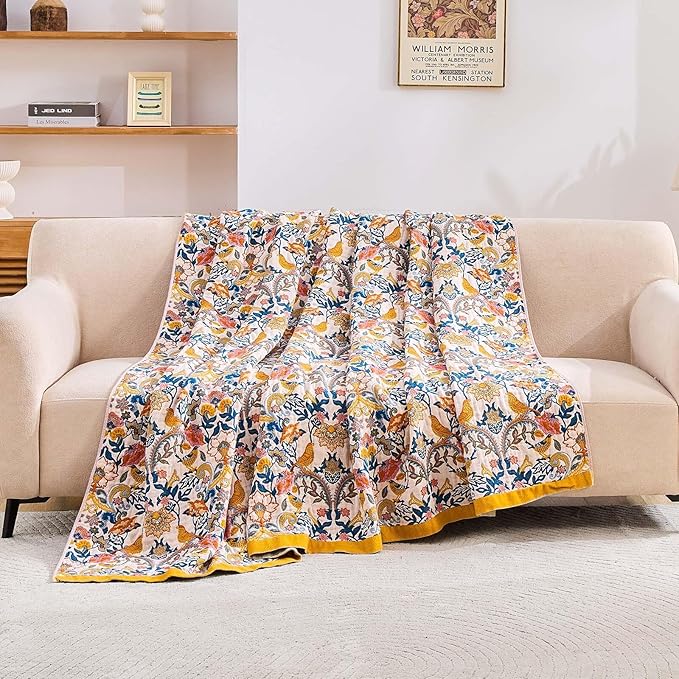 Boho Blanket Throw Quilt, 100% Cotton Soft Light Weight Throw Blankets for Summer, 90"x98" Farmhouse Flower Decorative Blankets, All Season Rustic Reversible Bohemian Throw Quilt-Ruum Studio Home