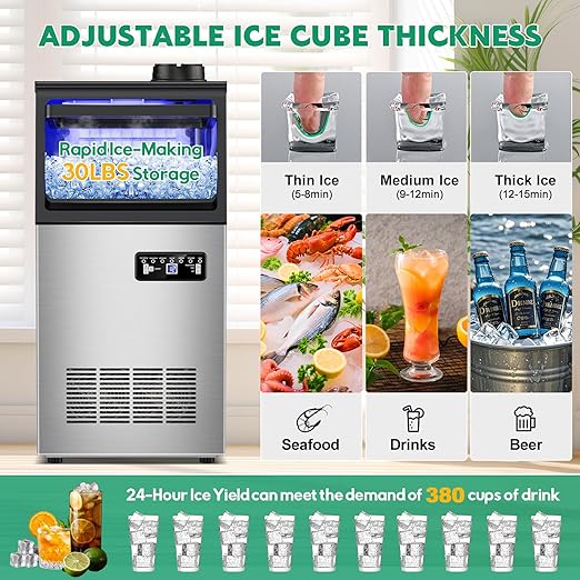 Commercial Ice Maker Machine 130Lbs/24H with 30Lbs Ice Capacity, 45Pcs Clear Ice Cubes Ready in 8-15Mins, Stainless Steel Under Counter Freestanding Large Ice Machine, 2 Water Inlet Modes-Ruum Studio Home