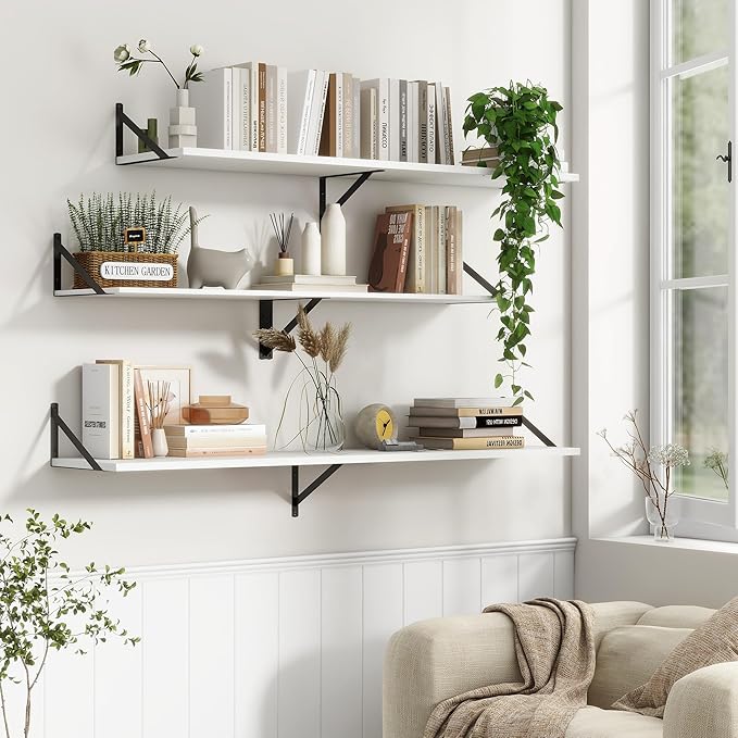 Fun Memories Deep Floating Shelves, 55W x 12D Floating Shelves for Wall, Wood White Floating Shelf with Bracket, Wide Display & Storage Wall Shelves for Living Room, Bedroom,-Ruum Studio Home