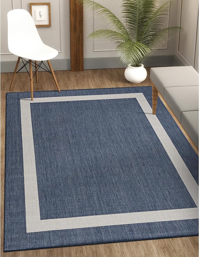 CAMILSON Outdoor Rug 10x14, Large Modern Outside Rugs for Patios Porches Waterproof Durable Washable Non-Shedding, Easy-to-Clean Indoor Outdoor Area Carpet (10 x 14, Bordered - Blue/White)-Ruum Studio Home