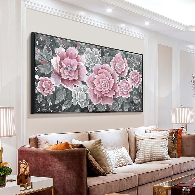 Oversized Framed Wall Art, Pink Flower Canvas Print Modern Pink & Grey Peony Blossom Artwork Extra Large Wall Picture Floral Decor for Living Room Bedroom Dining Room Office Home Decor-Ruum Studio Home