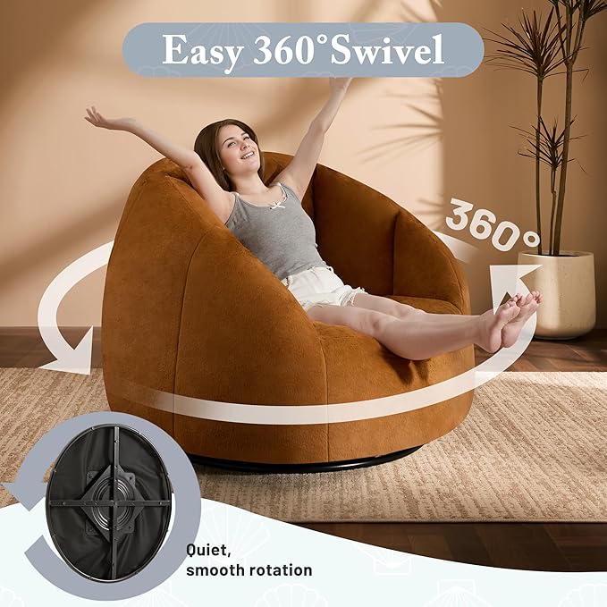 Giant Bean Bag Swivel Chair for Adults - Comfy Plush Round Shell Soft Accent Chaise Lounge Indoor Chair, Oversized Cozy Floor Sofa for Living Room, Bedroom & Game Rooms, Orange-Ruum Studio Home