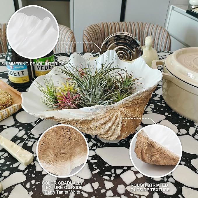Extra Large Clam Shells Decorative Bowl Earth Tan Sea Shells Decorative Storage Bowls for Coastal Beach theme house table centerpiece decorations & Nautical decorations for coffee table -12.4"-1PC-Ruum Studio Home