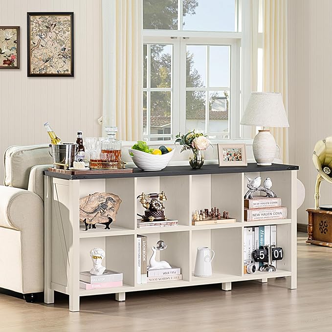 8 Cube Book Shelf, Farmhouse Wood Long Storage Organizer Bookcase, 62" Horizontal Antique White & Black Console Bookshelf, Kids Toy Storage Cabinet, Modern Open Book Case for Playroom, Office-Ruum Studio Home