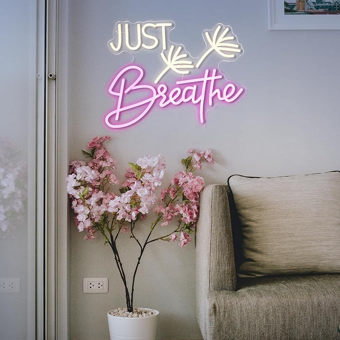 Just Breathe Neon Sign Dimmable Breathe Neon Signs Light Up Sign for Wall Decor LED Letters Neon Light by USB for Bedroom Yoga Studio Gym Reading Room(12.6 * 16.5In)-Ruum Studio Home
