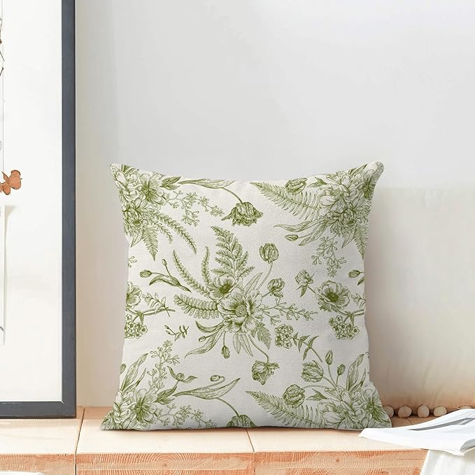 CXMEIFLY Sage Green Spring Pillow Covers 16 x 16 Inch Set of 2 for Chinoiserie Flowers Decor Throw Pillows Floral Leaves Seasonal Plant Outdoor Decorative Cushion Cases for Couch Bed Decorations-Ruum Studio Home