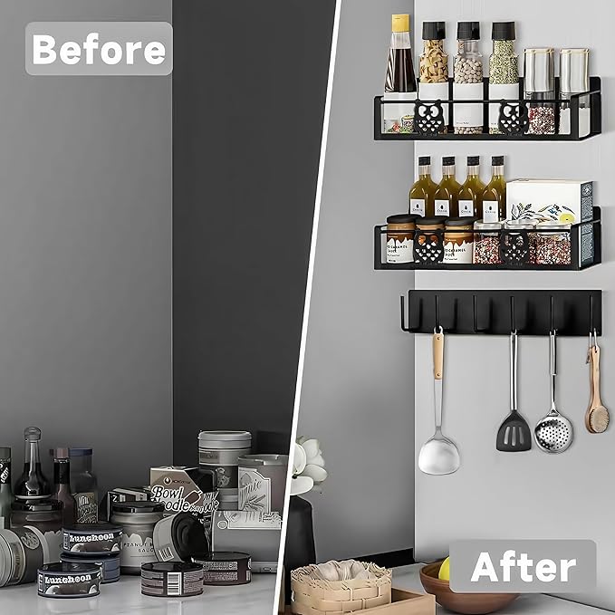 3 Pack Moveable No Drilling Heavy Magnet Spice Rack for Refrigerator Organizers and Storage,Space Saving Kitchen Organization with Magnetic Hooks,Owl Kitchen & Home Decor(Black)-Ruum Studio Home