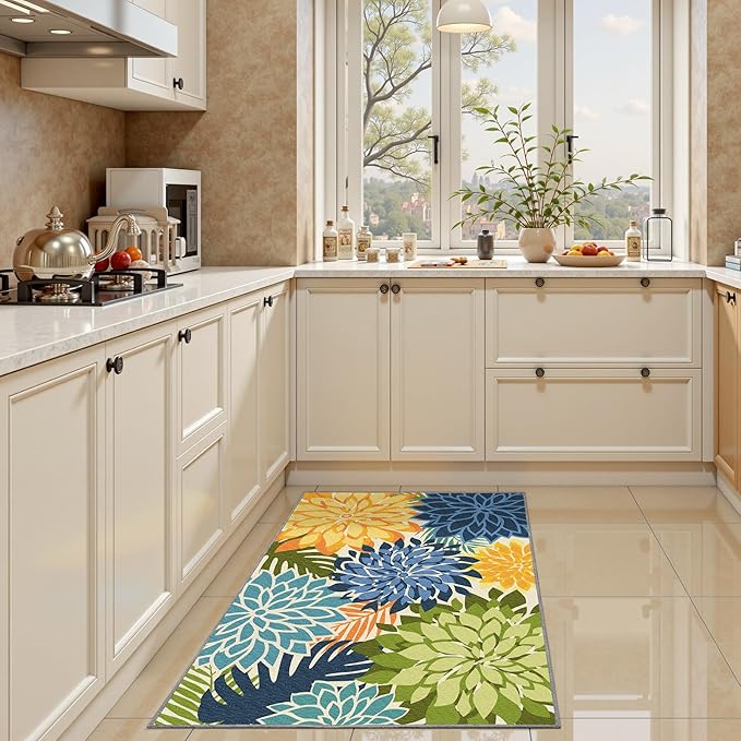 Area Rug 2x3 Yellow Green Washable Entry Small Rug Multicolored Tropical Botanical Modern Floral Indoor Kitchen Door Mat Entrance Carpet Non Slip for Bedroom Living Room, Porch-Ruum Studio Home