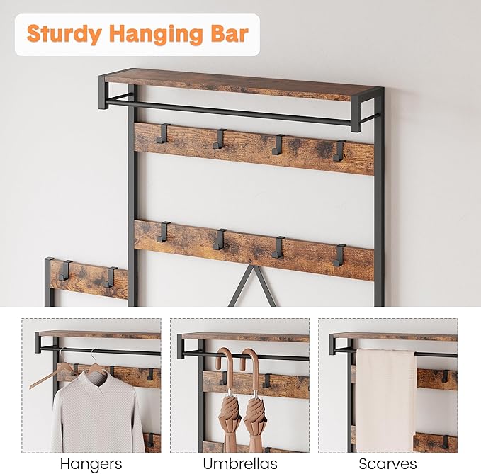 IDEALHOUSE Hall Tree with Bench and Shoe Storage Parent-Child Coat Rack Shoe Bench Industrial Coat Tree Entryway Large Organizer with Shoe Rack, Storage Cubbies, Hooks, and Top Shelf-Ruum Studio Home