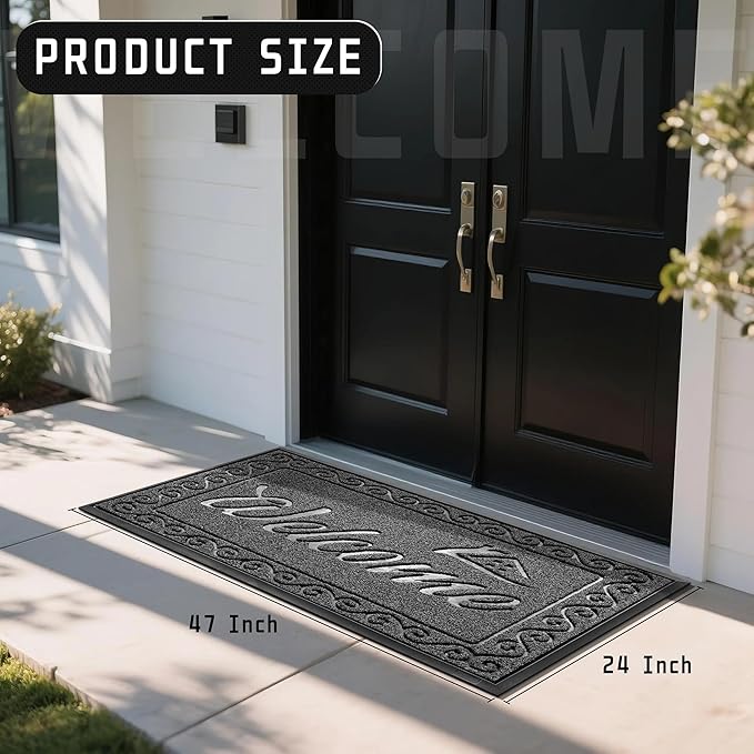 Yimobra Welcome Mat, Heavy Duty Sturdy Door Mats for Home Entrance Outdoor Indoor, Front Doormat for Outside Patio Floor Entry Porch Garage Office, Waterproof, Low Profile, 47 x 24, Black Grey-Ruum Studio Home