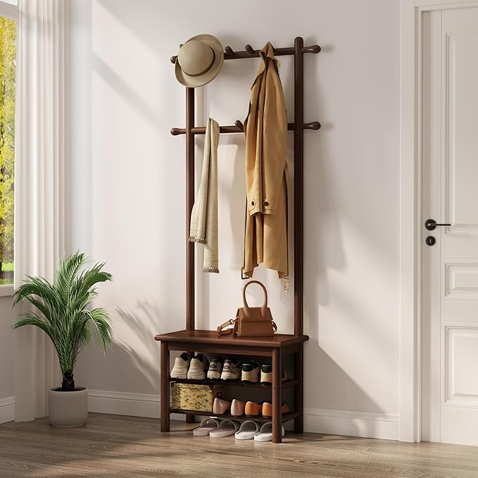 Hall Tree, Coat Rack with Shoe Storage, Wooden Hall Tree with Bench, 11 Hooks and 2-Tier Storage Shelves, Entryway Bench with Coat Rack (23.6" - Deep Walnut)-Ruum Studio Home