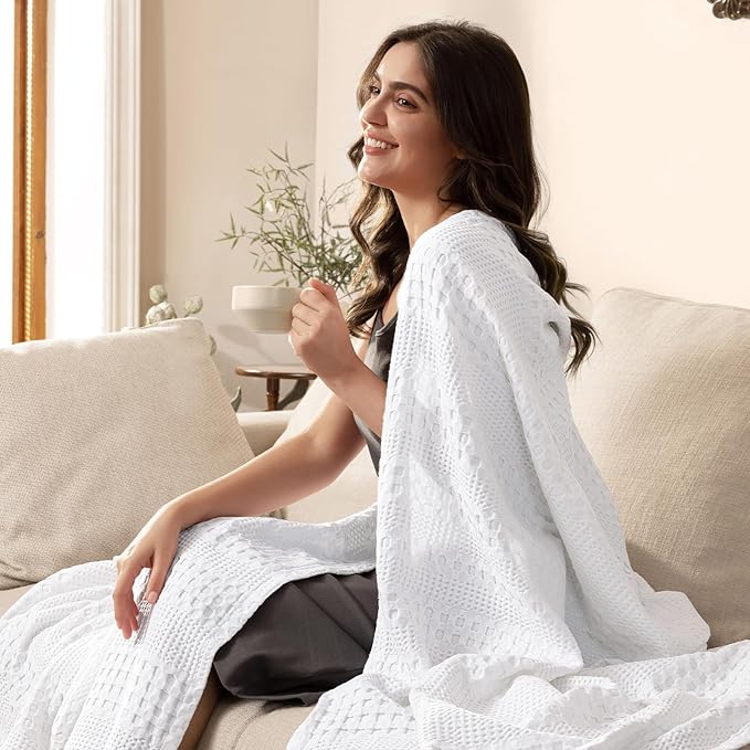 PHF Cooling Waffle Blanket Twin Size, Lightweight 60% Rayon Derived Bamboo & 40% Cotton Breathable Blanket for Hot Sleepers, Soft and Luxury for Bed Couch and Sofa, 66"x90", White-Ruum Studio Home