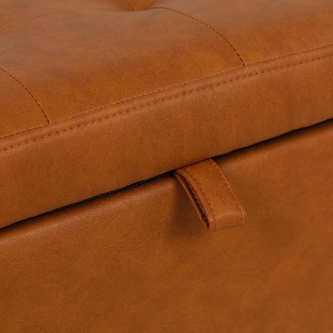 Adeco 17.5" Faux Leather Storage Ottoman with Hinged Lid, 14 Inch High Square Cube Foot Stool with Storage, Upholstered Vanity Stool with Solid Wood Legs for Living Room, Bedroom, Dorm (Warm Orange)-Ruum Studio Home