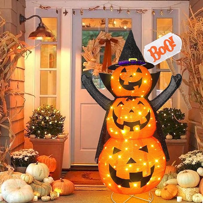 Halloween Decoration 4.3FT Retractable Jack-O-Lantern, 100 LED Collapsible Pumpkin Lantern with Black Star Hat, Plug in Halloween Lights with Stand for Indoor Outdoor Lawn Backyard Garden Decor-Ruum Studio Home