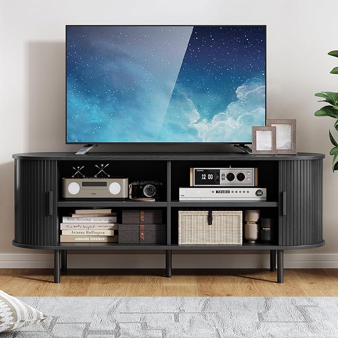 63" TV Stand with Power Outlet, Modern Media Console with Sliding Doors, Entertainment Center for TVs up to 60 Inch, Adjustable Shelves, Black-Ruum Studio Home