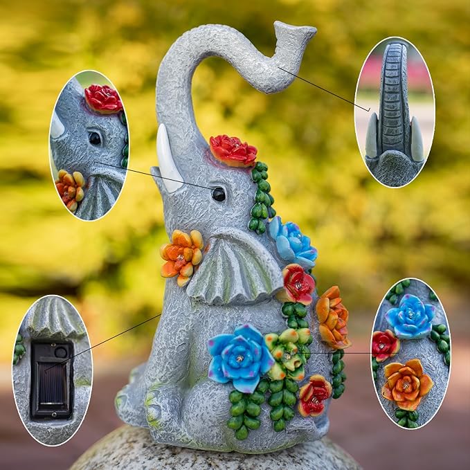 Elephant Garden Statue Solar Lamp with 8 Led Lights Decor Outdoor Resin Waterproof Sculpture Patio Lawn Yard Porch Decorations Housewarming Gifts for Women Mom Grandma-Ruum Studio Home