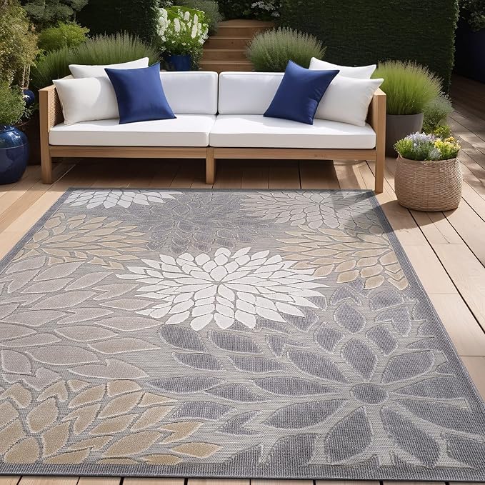 Beverly Rug Outdoor Rug 9x12 Large Modern Floral Tropical Area Rugs for Indoor and Outdoor Patio Easy to Clean Non Shedding Living Room Porch Garden Washable Outside Carpet (9 x 12 Gray)-Ruum Studio Home