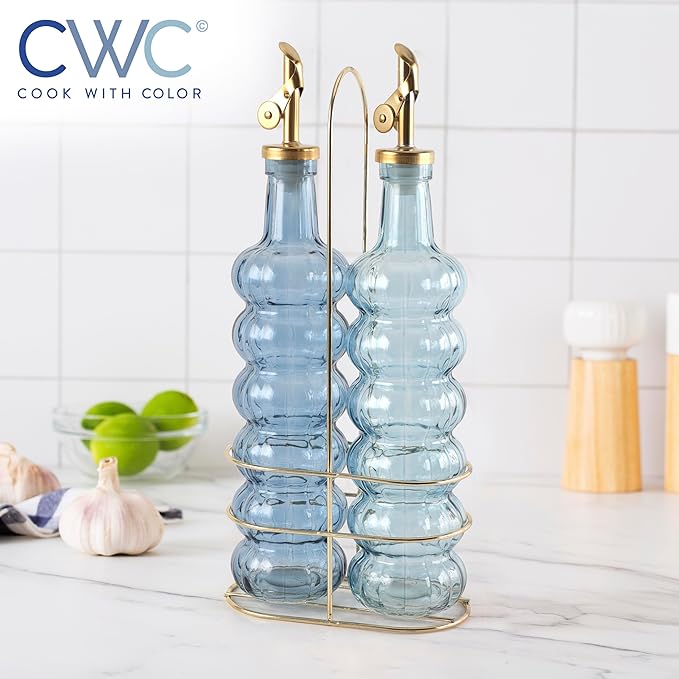 COOK WITH COLOR Glass Olive Oil Bottle Dispenser - 2 Pack- 17oz Oil and Vinegar Cruet - Olive Oil Carafe Decanter for Kitchen-Ruum Studio Home