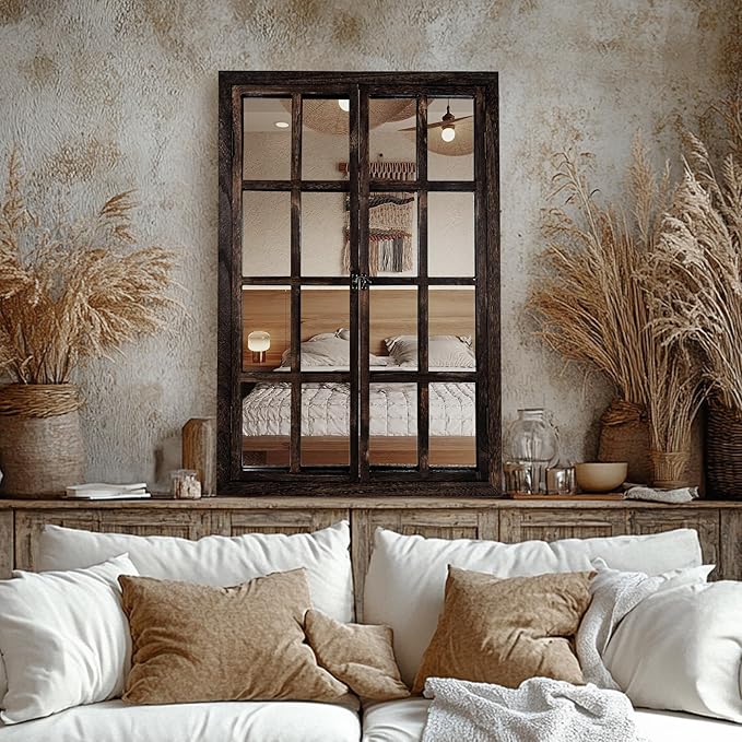 Wall Mirror with Window Design, 38"x26" Rustic Farmhouse Wood Mirror for Wall Decor, Decorative Vintage Mirror for Living Room, Bedroom, Entryway-Ruum Studio Home
