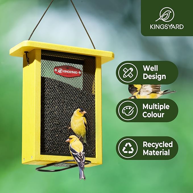 Kingsyard Metal Mesh Bird Feeder for Outdoors Hanging, Finch Feeder for Nyjer/Thistle, Sliding Mesh & Built-in Perch, Recycled Plastic, Yellow-Ruum Studio Home