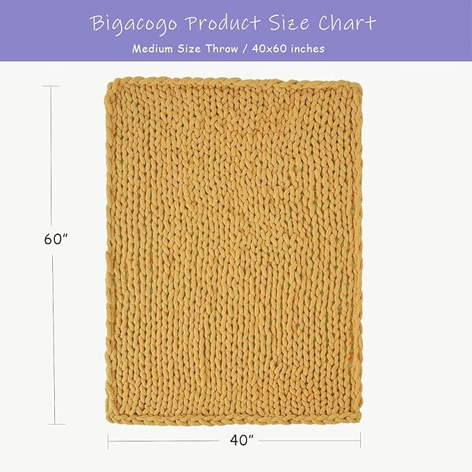 Bigacogo Chunky Knit Throw Blanket for Couch, 40x60 inches, 100% Hand Knitted with Thick Jumbo Chenille Yarn, Cozy Soft Large Rope Knot Cable Crochet Blankets for Sofa Bed Living Room, Mustard Yellow-Ruum Studio Home