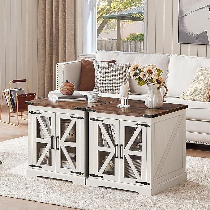 24" End Table with Charging Station, Farmhouse Night Stand with Glass Barn Door, White Nightstands with Adjustable Storage Shelf, Large Wood Square Bed Side Table for Living Room,Bedroom-Ruum Studio Home