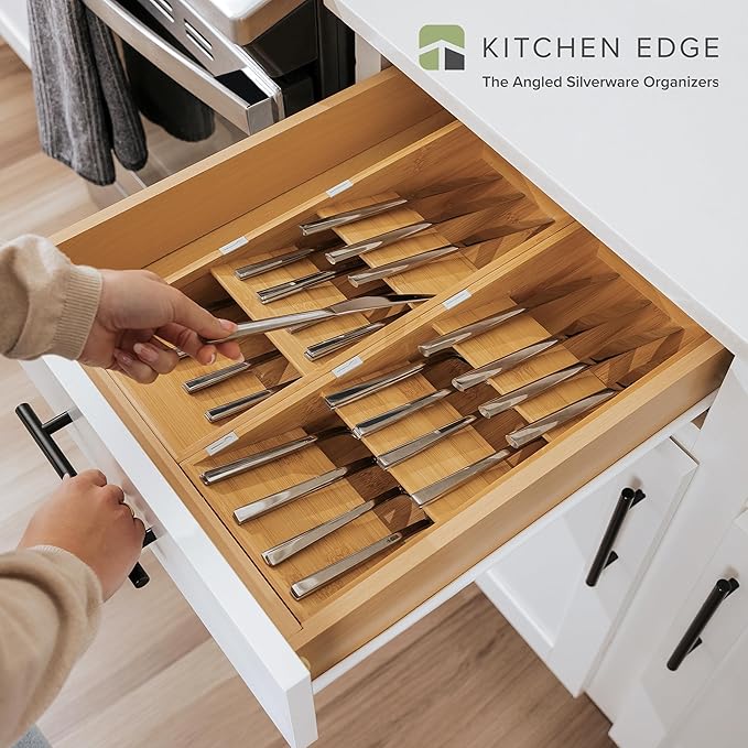 Premium Cutlery, Flatware, and Silverware Drawer Organizer – Slanted 3-Compartment Design with Labeled Slots, Non-Slip Feet, 100% Sustainable Bamboo, 2 Pack-Ruum Studio Home
